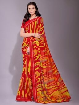 Akhilam - Women's Chiffon Red Printed Designer Saree with Unstitched Blouse