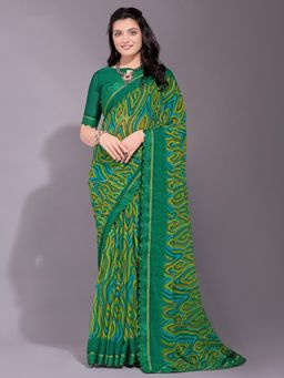 Akhilam - Women's Chiffon Green Printed Designer Saree with Unstitched Blouse