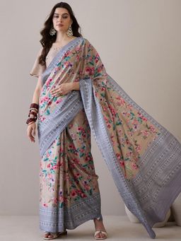 Sareemall - Women'S Silk Blend Beige Printed Designer Saree with Unstitched Blouse