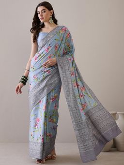Sareemall - Women'S Silk Blend Grey Printed Designer Saree with Unstitched Blouse
