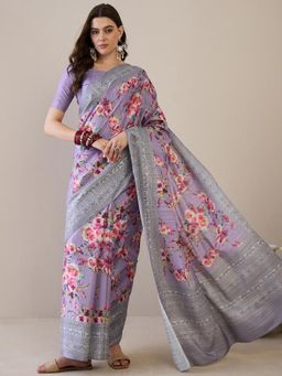 Sareemall - Women'S Silk Blend Lavendar Printed Designer Saree with Unstitched Blouse
