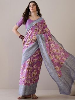 Sareemall - Women'S Silk Blend Mauve Printed Designer Saree with Unstitched Blouse