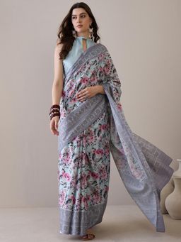 Sareemall - Women'S Silk Blend Turquoise Blue Printed Designer Saree with Unstitched Blouse
