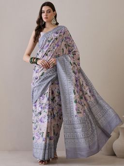 Sareemall - Women'S Silk Blend Beige Printed Designer Saree with Unstitched Blouse