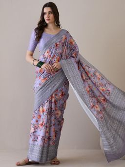 Sareemall - Women'S Silk Blend Lavendar Printed Designer Saree with Unstitched Blouse