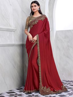 Akhilam - Women's Satin Silk Red Embellished Designer Saree with Unstitched Blouse