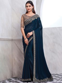Akhilam - Women's Satin Silk Navy Blue Embellished Designer Saree with Unstitched Blouse