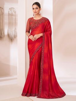 Akhilam - Women's Pure Chiffon Red Embellished Designer Saree with Unstitched Blouse