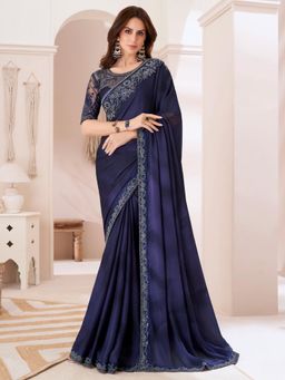 Akhilam - Women's Pure Chiffon Navy Blue Embellished Designer Saree with Unstitched Blouse