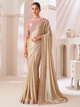 Akhilam - Women's Pure Chiffon Cream Embellished Designer Saree with Unstitched Blouse