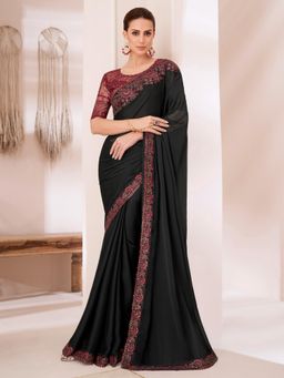 Akhilam - Women's Pure Chiffon Black Embellished Designer Saree with Unstitched Blouse