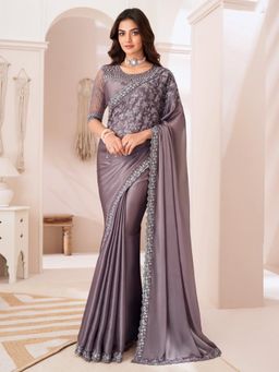 Akhilam - Women's Satin Silk Mauve Embellished Designer Saree with Unstitched Blouse