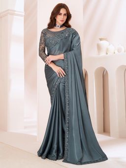 Akhilam - Women's Pure Georgette Grey Embellished Designer Saree with Unstitched Blouse