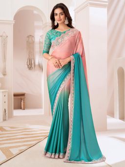 Akhilam - Women's Pure Chiffon Turquoise Embellished Designer Saree with Unstitched Blouse
