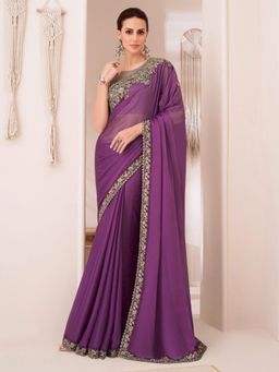 Akhilam - Women's Pure Georgette Purple Embellished Designer Saree with Unstitched Blouse