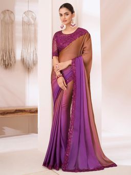 Akhilam - Women's Pure Chiffon Brown Embellished Designer Saree with Unstitched Blouse