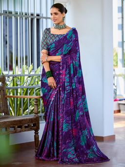 Akhilam - Women'S Satin Silk Purple Printed Designer Saree with Unstitched Blouse