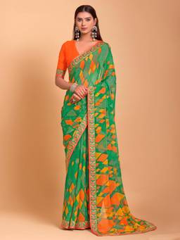 Akhilam - Women's Chiffon Green Printed Designer Saree with Unstitched Blouse