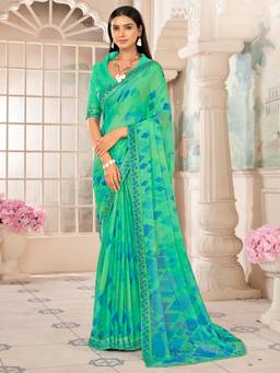 Akhilam - Women's Chiffon Sea Green Printed Designer Saree with Unstitched Blouse