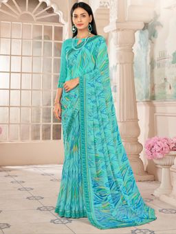 Akhilam - Women's Chiffon Turquoise Printed Designer Saree with Unstitched Blouse