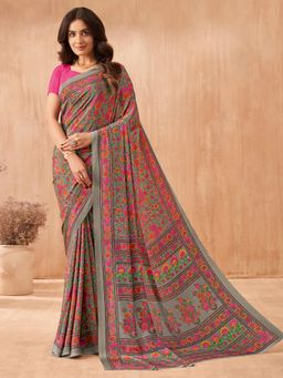 Akhilam - Women's Crepe Grey Printed Designer Saree with Unstitched Blouse