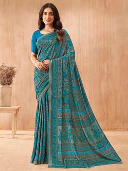 Akhilam - Women's Crepe Blue Printed Designer Saree with Unstitched Blouse