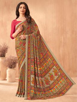 Akhilam - Women's Crepe Beige Printed Designer Saree with Unstitched Blouse