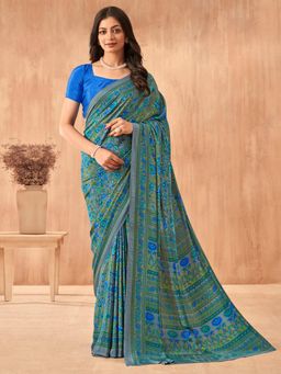 Akhilam - Women's Crepe Blue Printed Designer Saree with Unstitched Blouse