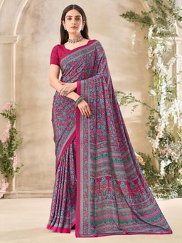 Akhilam - Women's Crepe Pink Printed Designer Saree with Unstitched Blouse