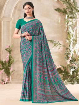 Akhilam - Women's Crepe Green Printed Designer Saree with Unstitched Blouse