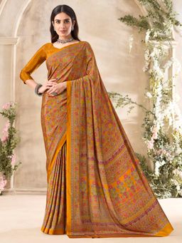 Akhilam - Women's Crepe Mustard Printed Designer Saree with Unstitched Blouse