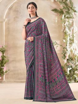 Akhilam - Women's Crepe Black Printed Designer Saree with Unstitched Blouse