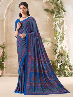 Akhilam - Women's Crepe Blue Printed Designer Saree with Unstitched Blouse
