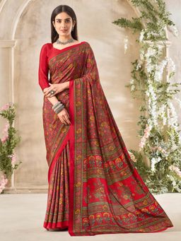Akhilam - Women's Crepe Red Printed Designer Saree with Unstitched Blouse