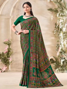 Akhilam - Women's Crepe Green Printed Designer Saree with Unstitched Blouse