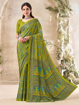 Akhilam - Women's Crepe Light Green Printed Designer Saree with Unstitched Blouse