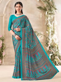 Akhilam - Women's Crepe Light Blue Printed Designer Saree with Unstitched Blouse