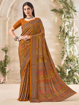 Akhilam - Women's Crepe Mustard Printed Designer Saree with Unstitched Blouse