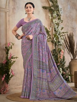 Akhilam - Women's Crepe Mauve Printed Designer Saree with Unstitched Blouse