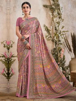 Akhilam - Women's Crepe Pink Printed Designer Saree with Unstitched Blouse