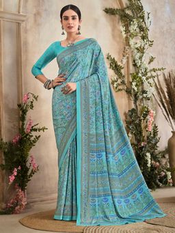 Akhilam - Women's Crepe Light Blue Printed Designer Saree with Unstitched Blouse