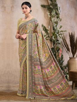 Akhilam - Women's Crepe Beige Printed Designer Saree with Unstitched Blouse