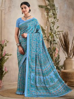 Akhilam - Women's Crepe Light Blue Printed Designer Saree with Unstitched Blouse