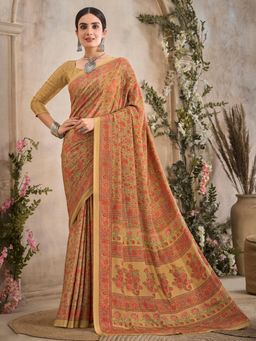Akhilam - Women's Crepe Beige Printed Designer Saree with Unstitched Blouse