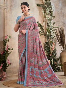 Akhilam - Women's Crepe Grey Printed Designer Saree with Unstitched Blouse
