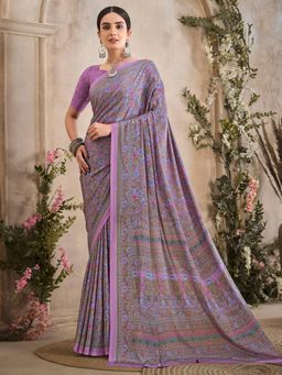 Akhilam - Women's Crepe Mauve Printed Designer Saree with Unstitched Blouse