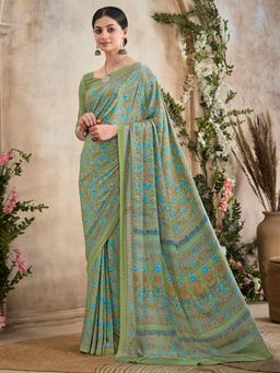 Akhilam - Women's Crepe Light Green Printed Designer Saree with Unstitched Blouse