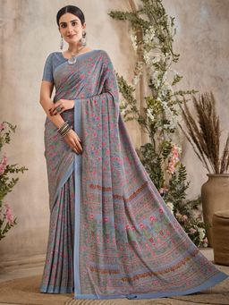 Akhilam - Women's Crepe Grey Printed Designer Saree with Unstitched Blouse