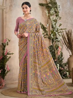 Akhilam - Women's Crepe Mauve Printed Designer Saree with Unstitched Blouse