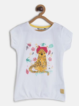 Tales & Stories - Girls White Lycra Animal Print T-shirt